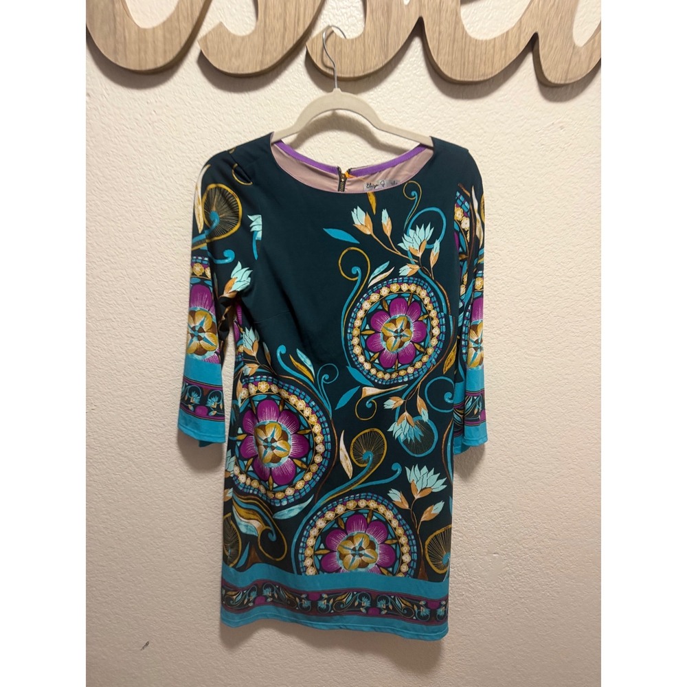 Eliza J Womens Medallion Print Shift Dress Teal Purple 3/4 Sleeve Size 4